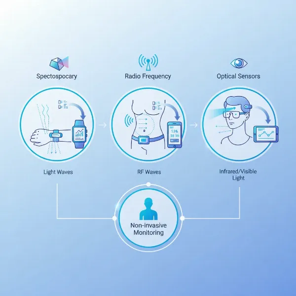 Illustration showing various non-invasive glucose monitoring technologies.