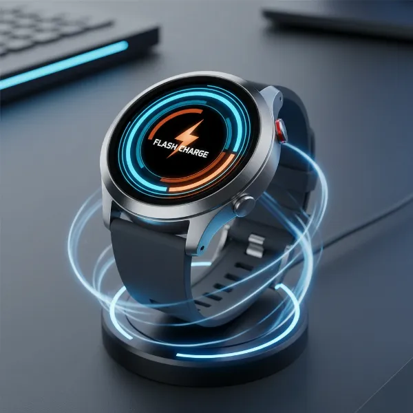 OnePlus Watch 3 on charger, displaying rapid charge indicator and sleek design