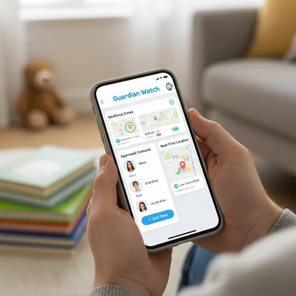 Parent using a smartphone to manage kid's smartwatch app settings for safety.