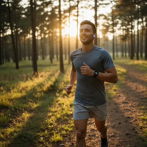 Runner listening to music with smartwatch and wireless earbuds during exercise.