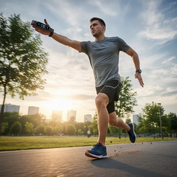 Person running outdoors, using a fitness tracker on their wrist for activity monitoring