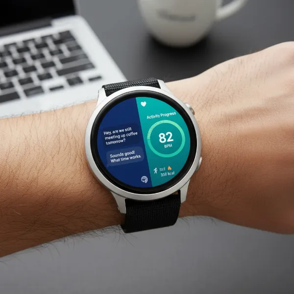Google Pixel Watch 4 display showing AI smart replies and health tracking data