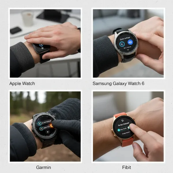 Diverse smartwatches (Apple, Samsung, Garmin, Fitbit) demonstrating platform-specific quick silencing methods.
