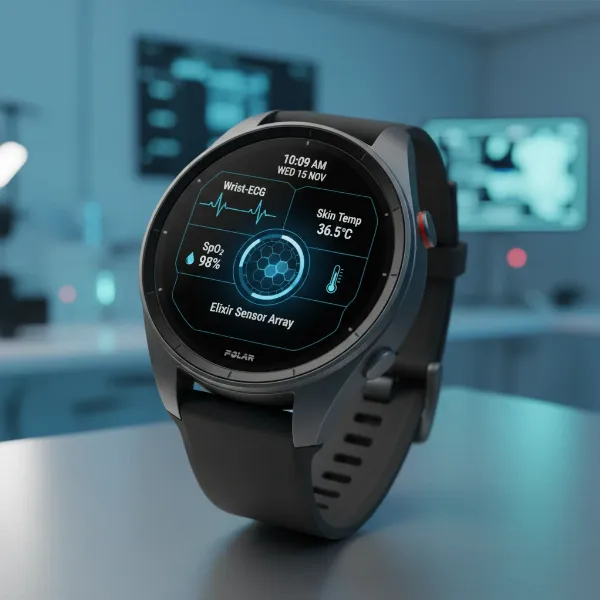 Polar Vantage V4 watch face displaying various health metrics like ECG, SpO2, and skin temperature from Elixir sensors.