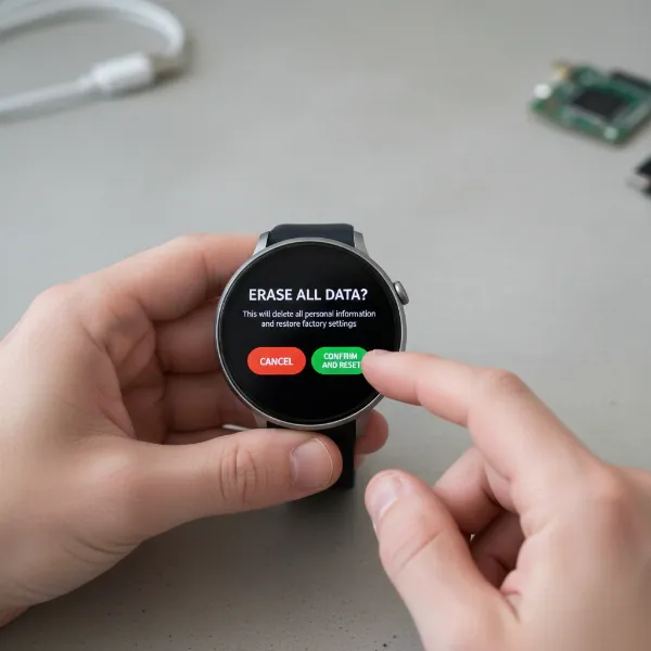 Hands performing a factory reset on a smartwatch, preparing it for safe recycling.