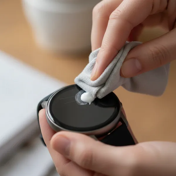 Person gently rubbing non-gel toothpaste on a smartwatch screen with a microfiber cloth to remove scratches.
