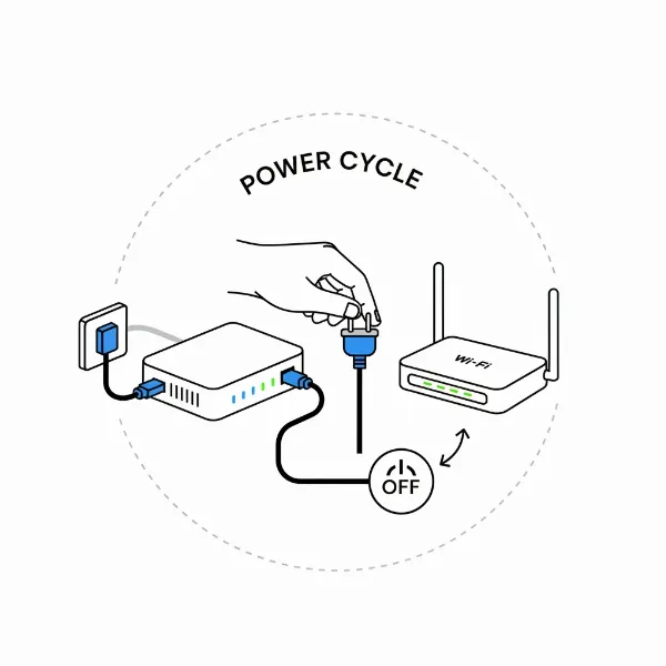 An illustration of a person power cycling a modem and router to fix internet connection.