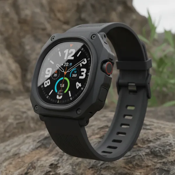 Close-up of a smartwatch with a rugged case and screen protector, demonstrating robust protection for outdoor activities.