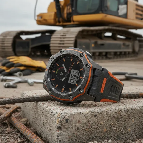 A rugged smartwatch with reinforced casing surviving a drop test on a dusty construction site.