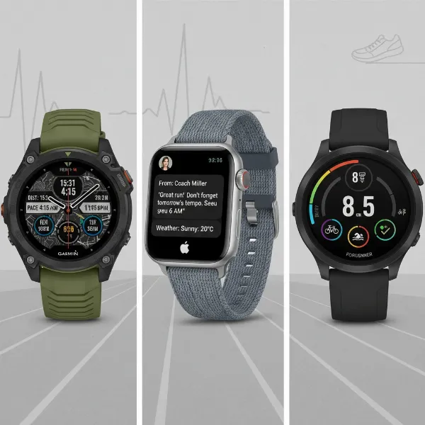 Three smartwatches illustrating dedicated, fashion-forward, and versatile categories for runners.