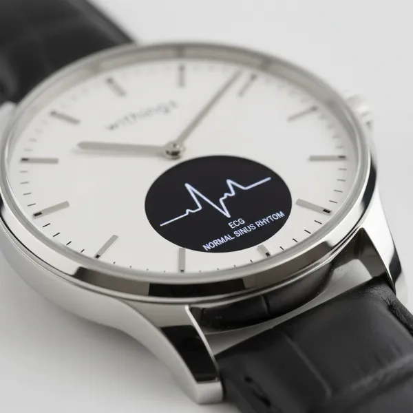 Withings ScanWatch 3 displaying an ECG reading or heart rate graph on its small screen.