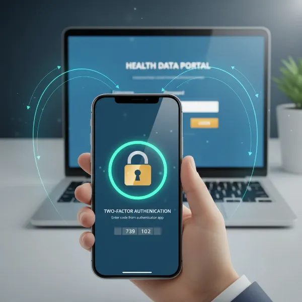Visual representation of multi-factor authentication securing digital health data with a phone and password.