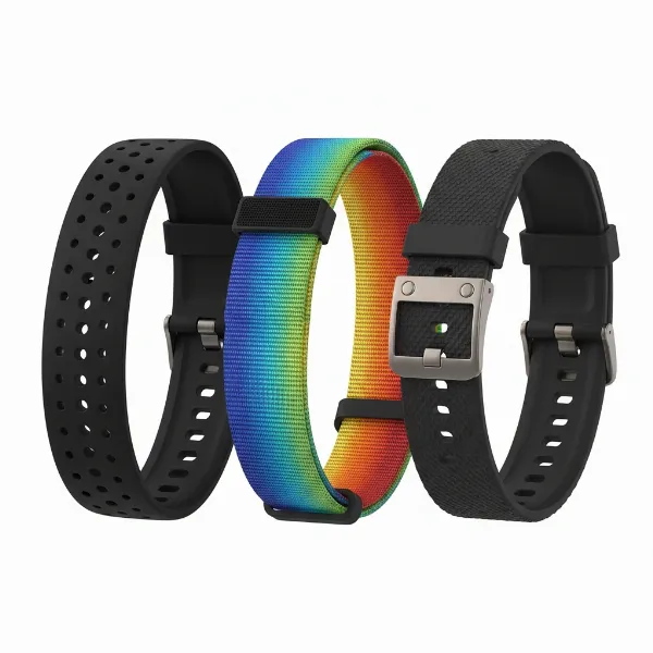 Variety of smartwatch bands for different workouts: silicone, nylon, rugged, highlighting key features.