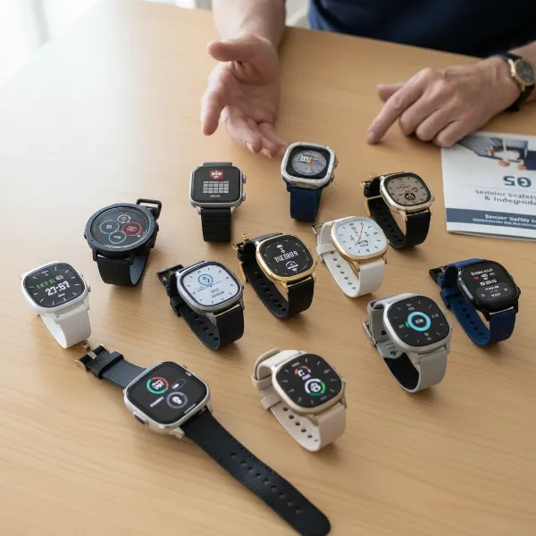 Multiple smartwatches and medical alert devices displayed, representing comparison for seniors' safety.