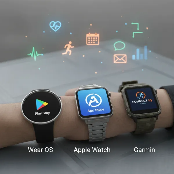 Visual representation of diverse smartwatch app ecosystems, including Google Play, Apple App Store, and Garmin Connect IQ.