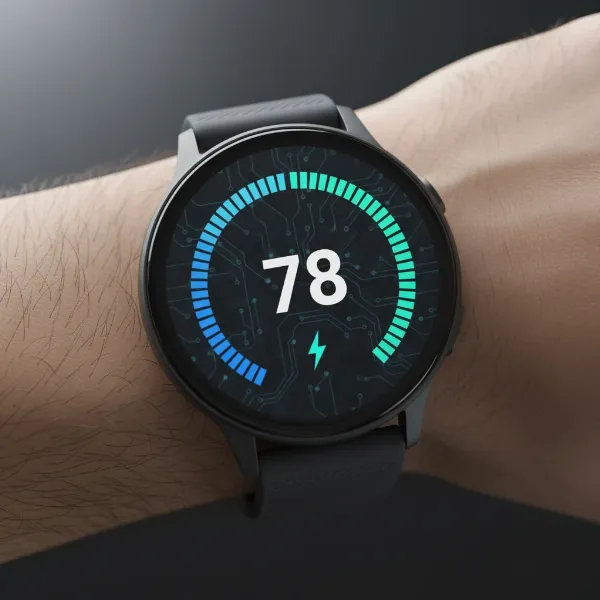 Smartwatch screen displaying a body battery energy gauge from 0-100, indicating energy levels.