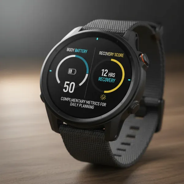 Side-by-side comparison on a smartwatch showing body battery and recovery scores for activity planning.