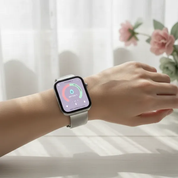 A smartwatch display showing a calendar with cycle tracking data and ovulation prediction.