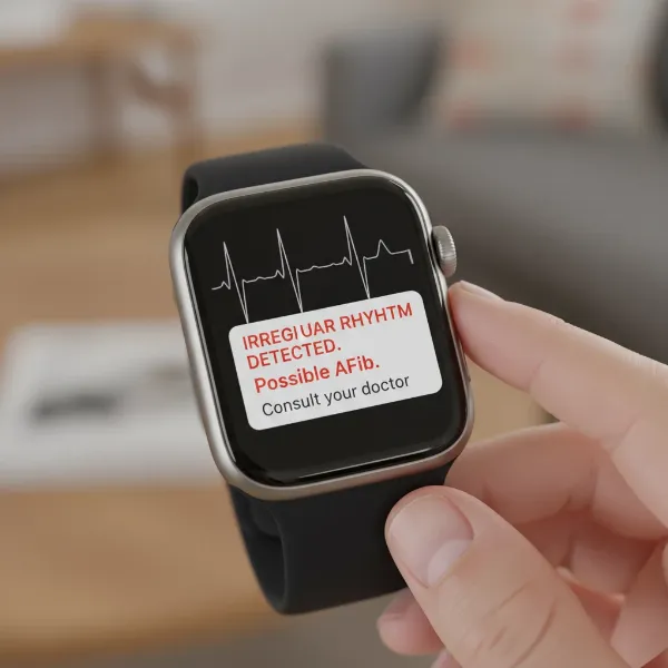Smartwatch displaying an ECG waveform detecting an irregular heart rhythm.