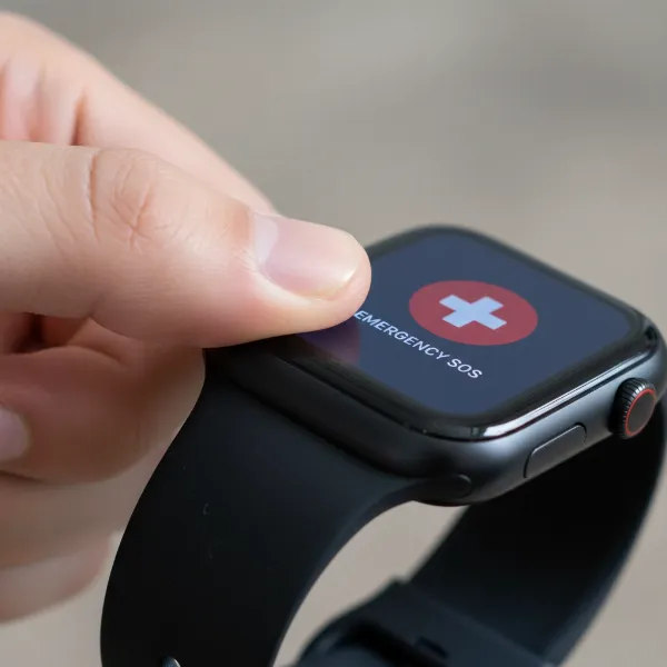 A hand pressing the side button of a smartwatch to activate Emergency SOS.