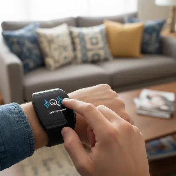 A person using a smartwatch to find their lost smartphone, showing a "ping" icon and sound waves.