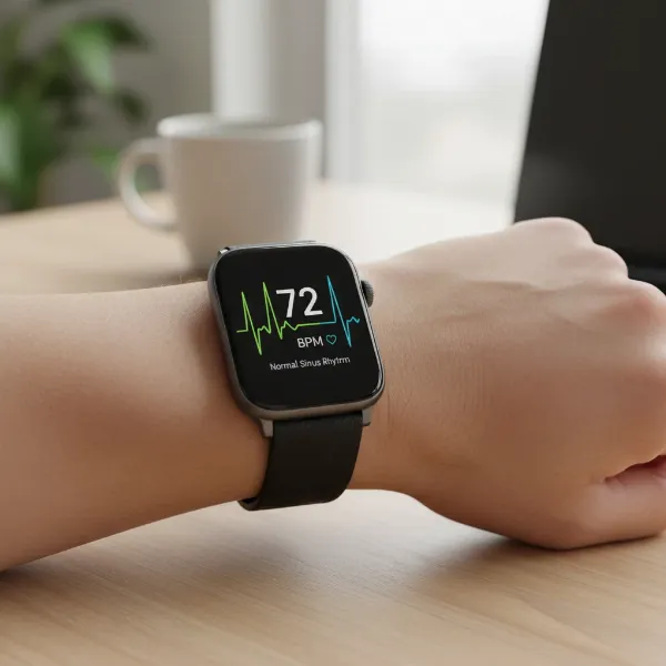 Close-up of a modern smartwatch displaying a heart rate graph on a person's wrist.