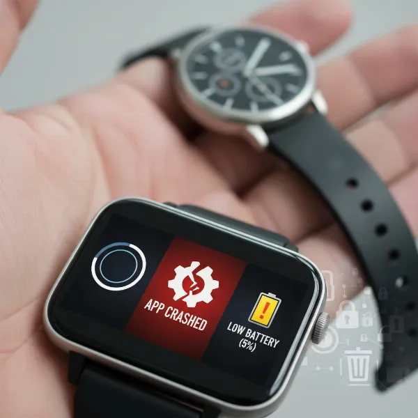 A smartwatch displaying error messages, indicating common issues like crashes or slow performance.