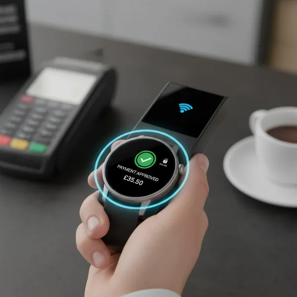 A smartwatch screen displaying a payment confirmation, with a blurred background of an NFC payment terminal.