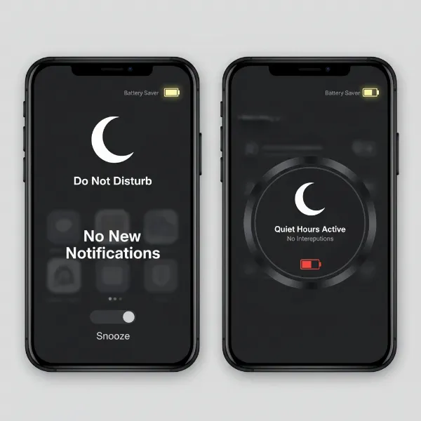 Smartphone and smartwatch screens showing Do Not Disturb and battery saver icons.