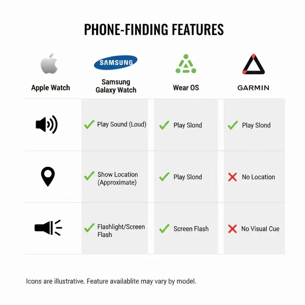 Visual comparison of phone finding features across various smartwatch brands and models.