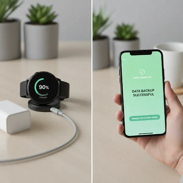 A user carefully charging their smartwatch and backing up data to a smartphone before a factory reset.