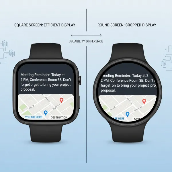 Visual comparison of text and map display on square and round smartwatch screens.