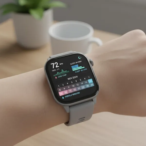 Smartwatch displaying various biometric data points used for menstrual cycle tracking.