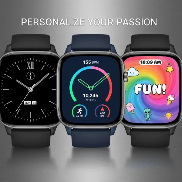 A collage of diverse smartwatch watch faces showcasing various customization options and styles.