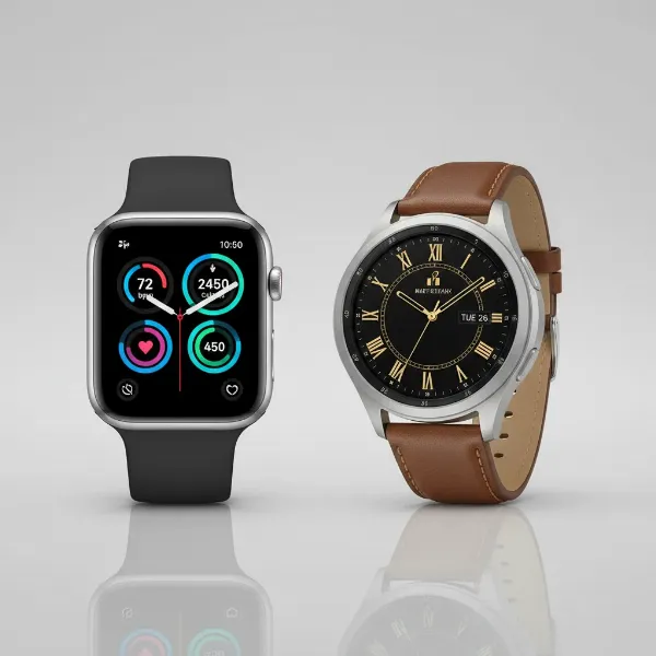 A side-by-side comparison of a modern square smartwatch and a classic round smartwatch.