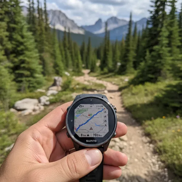 Suunto Race S displaying detailed global offline maps for outdoor navigation.