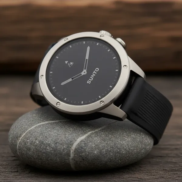 Suunto Vertical Titanium Solar smartwatch on a natural surface, showcasing its robust design and display.