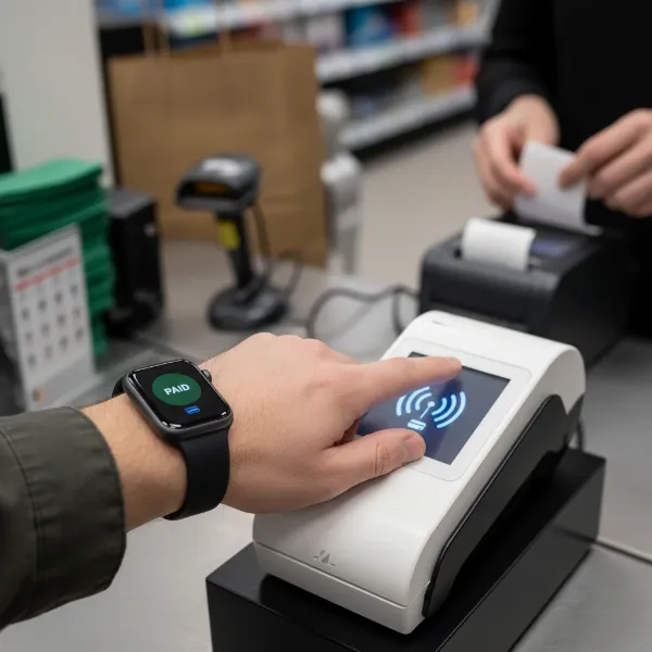 A person's hand wearing an Apple Watch, tapping it against a contactless payment terminal.