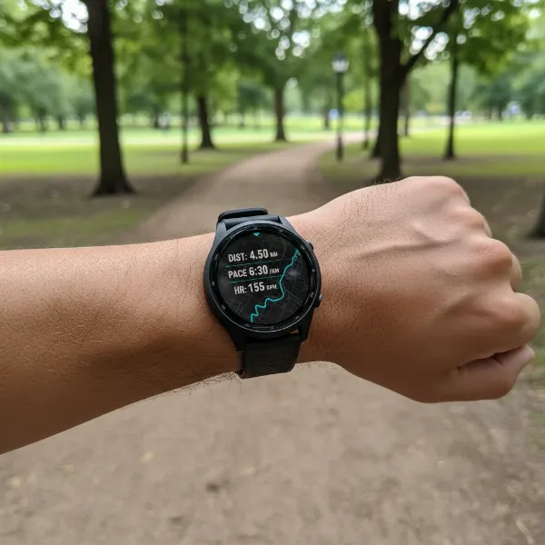 Mobvoi TicWatch Pro 6 on a user's wrist tracking an outdoor run with GPS data.