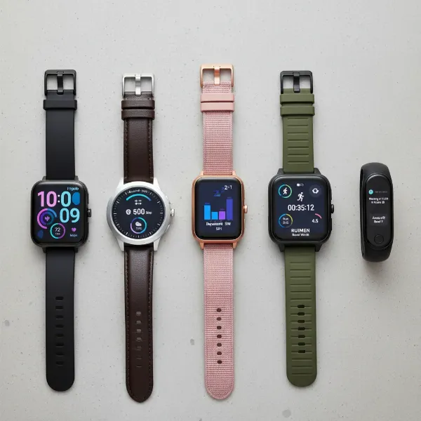 visual comparison of five popular budget smartwatches, highlighting their key features and design diversity