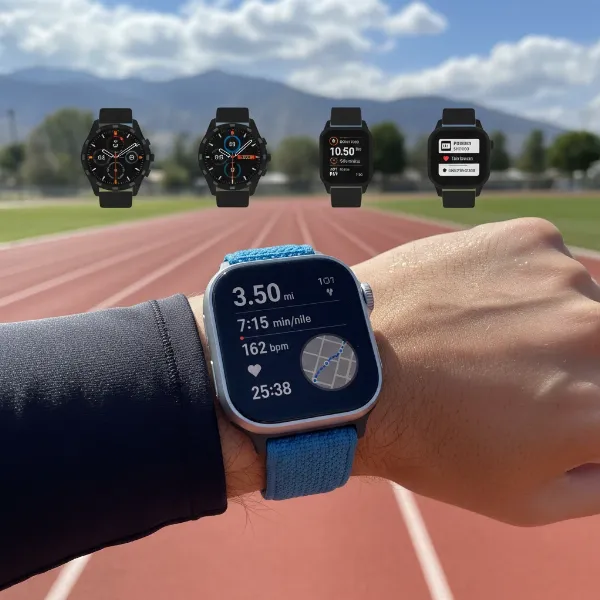 A runner wearing a high-end GPS smartwatch, with other leading models blurred in the background.