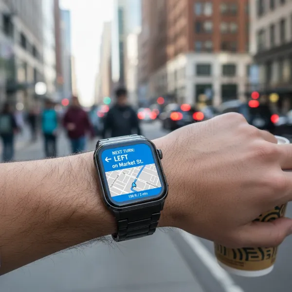 A person uses a smartwatch for urban navigation, showing turn-by-turn directions on the wrist.