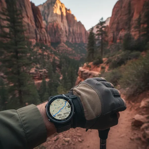 Coros Vertix 3 smartwatch displaying a topographical map and navigation route on a user's wrist during a mountain climb.