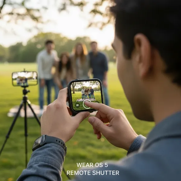 A user holding a Wear OS 5 smartwatch, which displays a live camera feed, indicating remote control functionality for a smartphone camera.