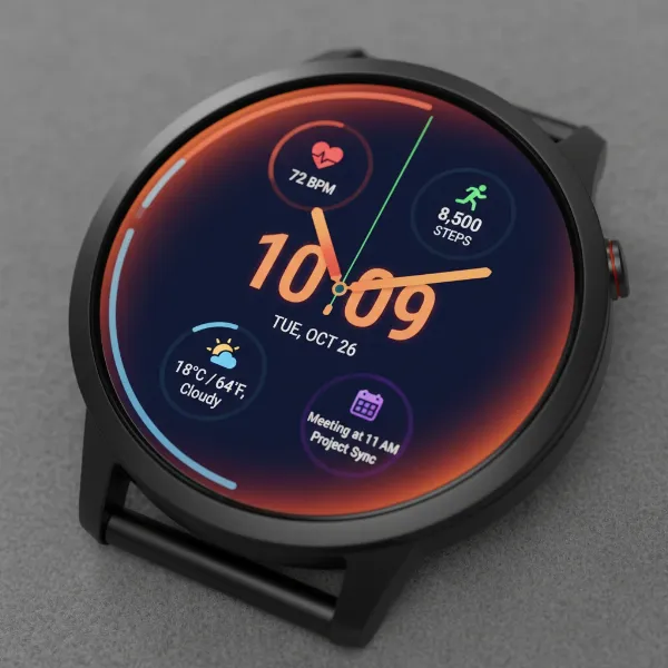 A close-up of a customized Wear OS 5 watch face showing various data complications and a personalized design.