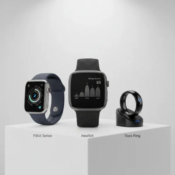 Three popular wearable sleep trackers: Fitbit, Apple Watch, Oura Ring, showcased together.