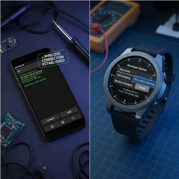 Smartphone screen showing an ADB tool connecting to a Wear OS smartwatch for wireless app sideloading.