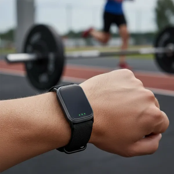 Whoop Strap on an athlete's arm, focusing on its minimalist design and sensor.