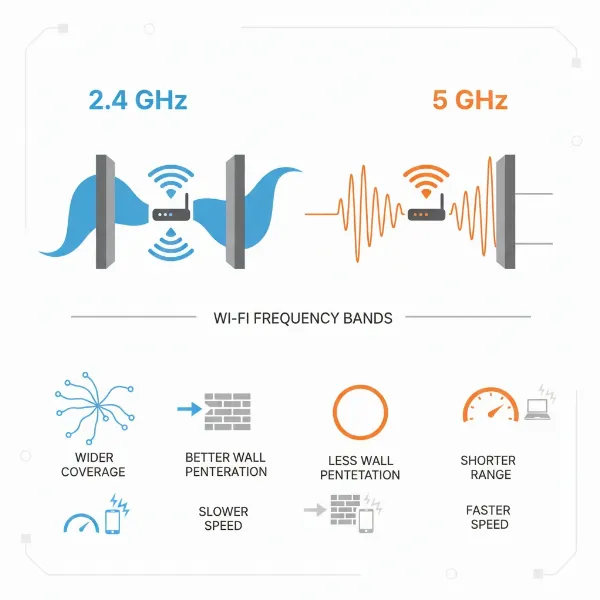 An infographic comparing 2.4 GHz and 5 GHz Wi-Fi bands for range and speed.