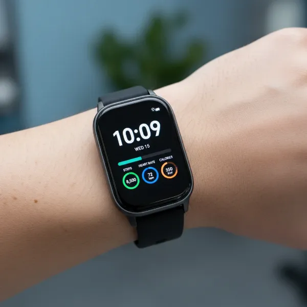 Close-up of Xiaomi Smart Band 9's bright AMOLED display on a wrist